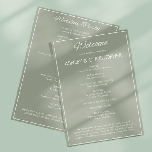 Minimalistisch script Sage Green Wedding Programmakaart