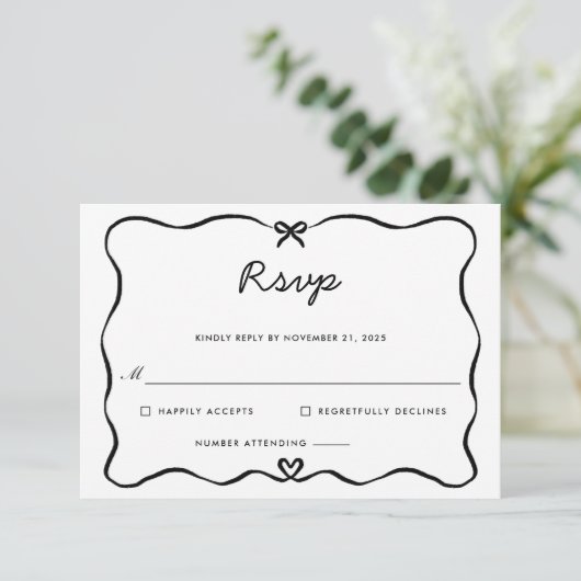 Minimalistisch Script Schattige Bow Heart Lijst RS RSVP Kaartje (Staand voorkant)