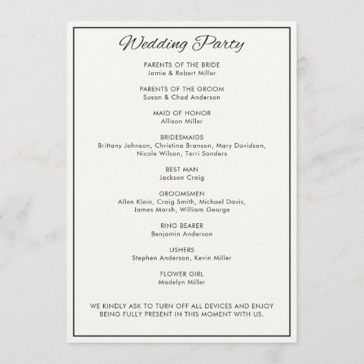 Minimalistisch Script Soft White Wedding Programmakaart (Achterkant)