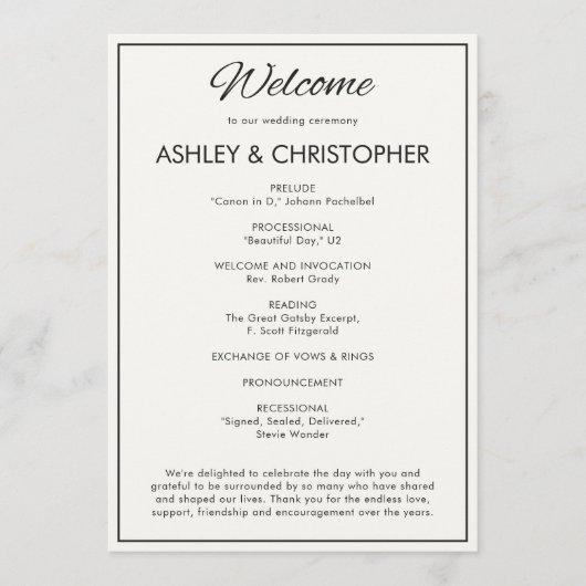 Minimalistisch Script Soft White Wedding Programmakaart (Voorkant)