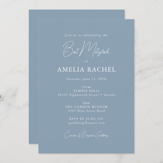 Minimalistisch script Stusty Blue Modern Bat Mitzv Kaart (Voorkant / Achterkant)