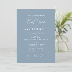 Minimalistisch script Stusty Blue Modern Bat Mitzv Kaart
