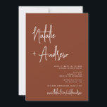 Minimalistisch script Terracotta Virtual Wedding Kaart<br><div class="desc">Een moderne en elegante casual virtuele huwelijksuitnodiging in minimalistische stijl met een modern script bruiloft letterlijk van de bruid en groom's naam en een terracotta bruine achtergrond met een prachtige persoonlijke foto achteraan. Ideaal voor boho rustic bruiloft thema.</div>