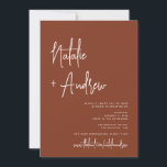 Minimalistisch script Terracotta Virtual Wedding Kaart<br><div class="desc">Een moderne en elegante casual virtuele huwelijksuitnodiging in minimalistische stijl met een modern script bruiloft letterlijk van de bruid en groom's naam en een terracotta bruine achtergrond met een prachtige persoonlijke foto achteraan. Ideaal voor boho rustic bruiloft thema.</div>