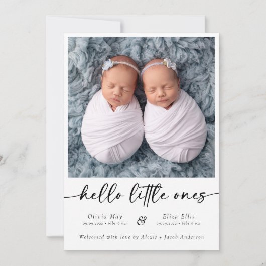 Minimalistisch Script Twin Photo Geboorte Aankondi Aankondiging (Voorkant)