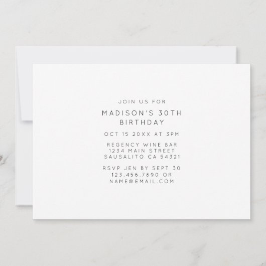 Minimalistisch script verjaardagsfeestje kaart (Achterkant)