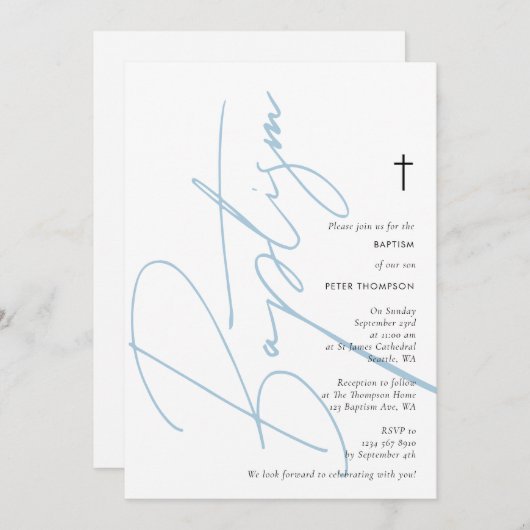 Minimalistisch script voor Blue Boy Baptisme Chris Kaart (Voorkant / Achterkant)