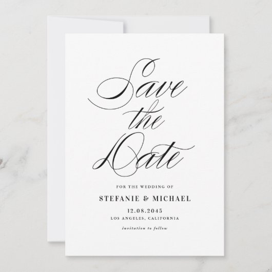 Minimalistisch script voor zwart-wit save the date (Voorkant)
