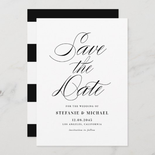 Minimalistisch script voor zwart-wit save the date (Voorkant / Achterkant)