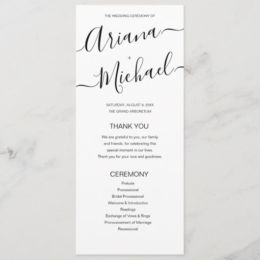 Minimalistisch script voor zwarte en witte bruilof programmakaart (Voorkant)
