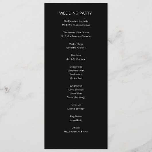 Minimalistisch script voor zwarte en witte bruilof programmakaart (Achterkant)