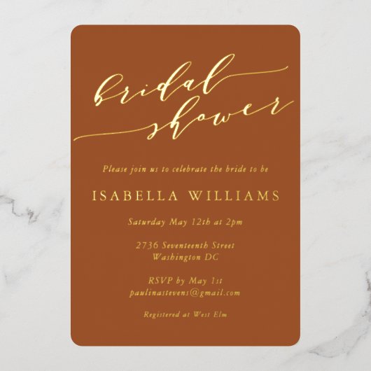 Minimalistisch Script-Vrijgezellenfeest Terracotta Folie Uitnodiging (Voorkant)