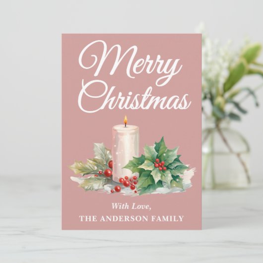 Minimalistisch script Vrolijk kerststoffig Roos Feestdagenkaart (Staand voorkant)