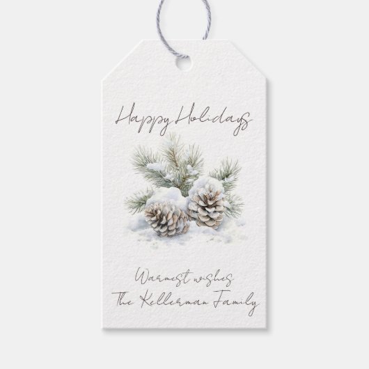 Minimalistisch script, waterverf besneeuwde dennen cadeaulabel (Voorkant)