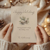 Minimalistisch script, waterverf besneeuwde dennen feestdagenkaart