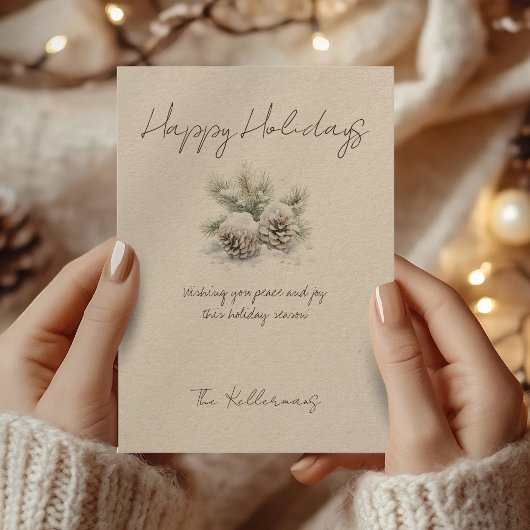 Minimalistisch script, waterverf besneeuwde dennen feestdagenkaart