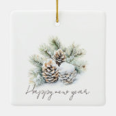 Minimalistisch script, waterverf besneeuwde dennen keramisch ornament (Achterkant)