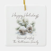 Minimalistisch script, waterverf besneeuwde dennen keramisch ornament (Voorkant)