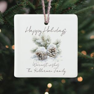 Minimalistisch script, waterverf besneeuwde dennen keramisch ornament