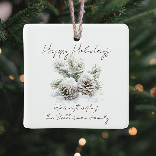 Minimalistisch script, waterverf besneeuwde dennen keramisch ornament
