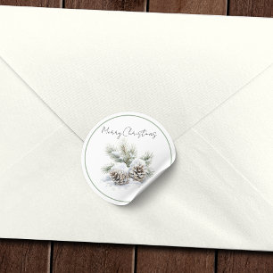 Minimalistisch script, waterverf besneeuwde dennen ronde sticker