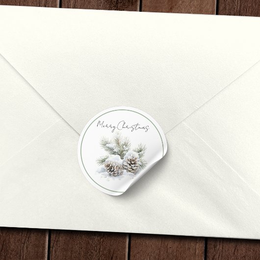 Minimalistisch script, waterverf besneeuwde dennen ronde sticker