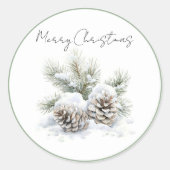 Minimalistisch script, waterverf besneeuwde dennen ronde sticker (Voorkant)