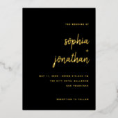 Minimalistisch script | Weddengeld zwart en goud Folie Uitnodiging (Voorkant)