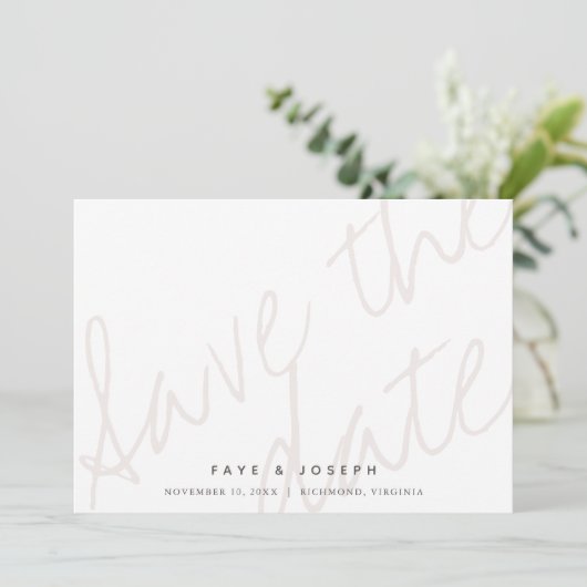 Minimalistisch Script Wit Beige Save the Date Kaar Kaart (Staand voorkant)