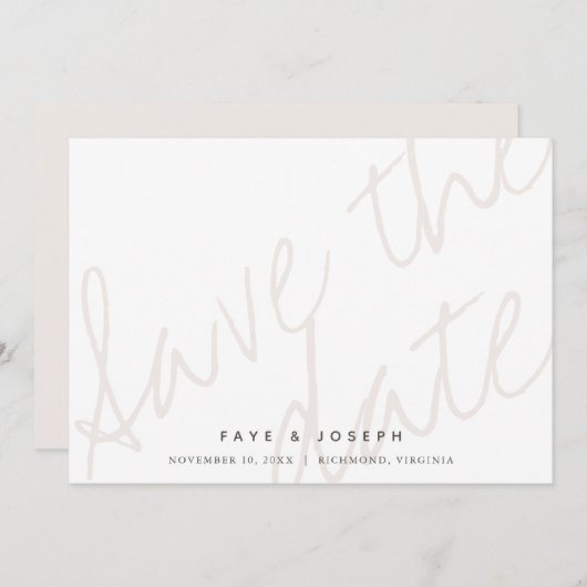 Minimalistisch Script Wit Beige Save the Date Kaar Kaart (Voorkant / Achterkant)