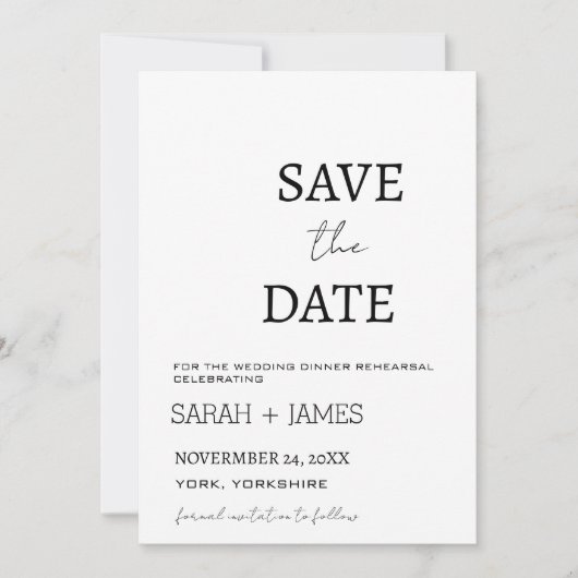 Minimalistisch script wit bruiloft diner repetitie save the date (Voorkant)