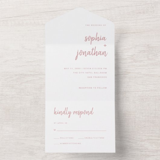 Minimalistisch script | Wit-Roos en mosterdhuwelij All In One Uitnodiging (Binnen)