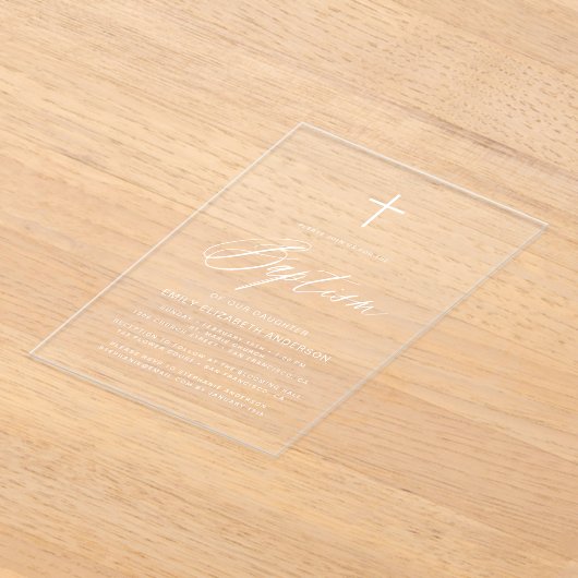 Minimalistisch script Witte doop Acryl Uitnodigingen (Laagn)