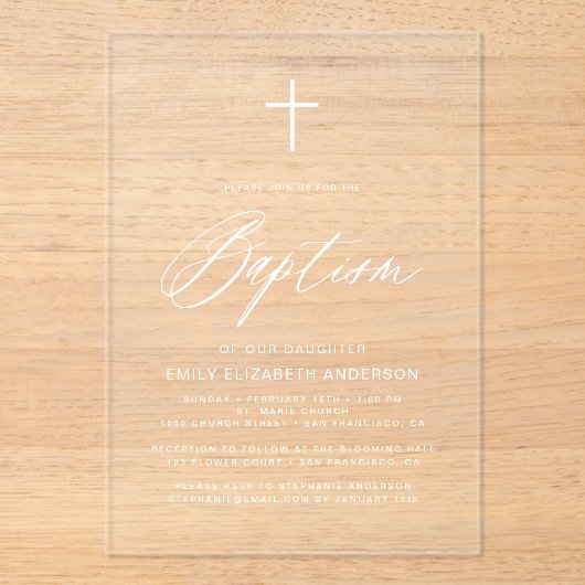 Minimalistisch script Witte doop Acryl Uitnodigingen (Voorkant)