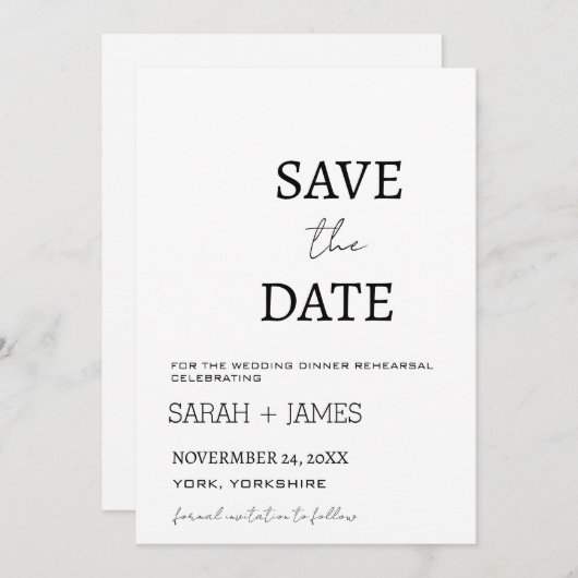 Minimalistisch script witte huwelijksrepetitie din save the date (Voorkant / Achterkant)