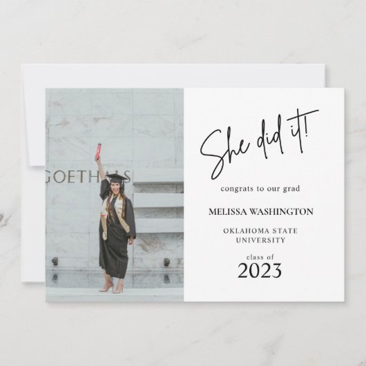 Minimalistisch script: ze deed het Afstuderen Foto Aankondiging (Voorkant)