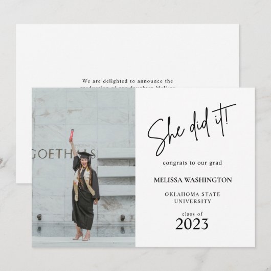 Minimalistisch script: ze deed het Afstuderen Foto Aankondiging (Voorkant / Achterkant)