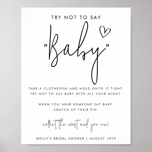 Minimalistisch Script Zeg Niet Baby Shower Spel Poster (Voorkant)