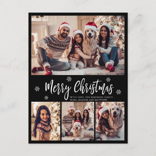 Minimalistisch Script Zwart 4 Fotocollage Kerstmis Briefkaart (Voorkant)