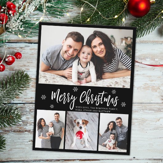 Minimalistisch Script Zwart 4 Fotocollage Kerstmis Briefkaart