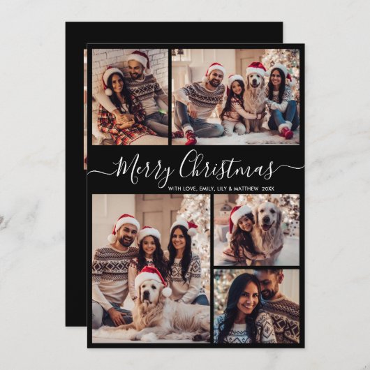 Minimalistisch Script Zwart 5 Fotocollage Kerstmis Feestdagenkaart (Voorkant / Achterkant)