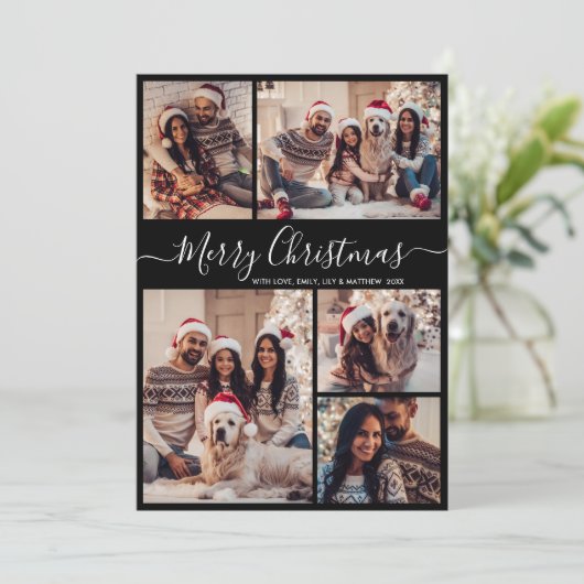 Minimalistisch Script Zwart 5 Fotocollage Kerstmis Feestdagenkaart (Staand voorkant)