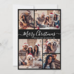 Minimalistisch Script Zwart 5 Fotocollage Kerstmis Feestdagenkaart<br><div class="desc">Modern Eenvoudig Elegant Kalligrafie Zwart 5 Fotocollage Vrolijk Kerstmis Script Vakantie Kaart. Deze feestelijke, minimalistische, grillige vijf (5) foto vakantie wenskaart sjabloon beschikt over een grid fotocollage en zegt "Vrolijk kerstfeest"! De begroetingstekst "Merry Christmas" is geschreven in een prachtig handgeschreven swirly swash-tail wit lettertype script op zwart. Op de achterkant...</div>