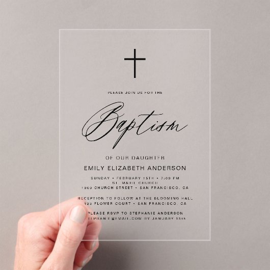 Minimalistisch Script Zwart Eenvoudig Doopsel Acryl Uitnodigingen (Insitu (Draagbaar))