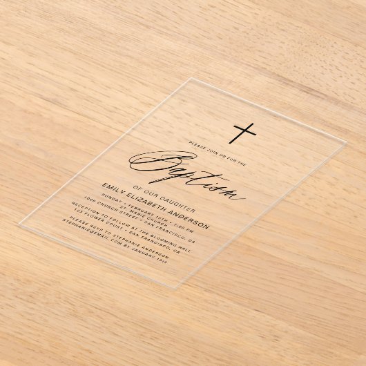 Minimalistisch Script Zwart Eenvoudig Doopsel Acryl Uitnodigingen (Laagn)