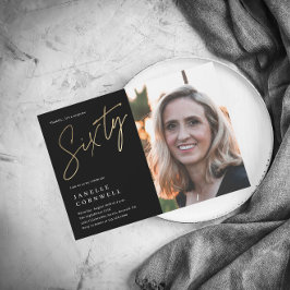 Minimalistisch script zwart en Gold 60th foto Kaart