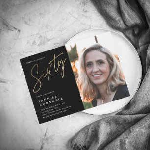 Minimalistisch script zwart en Gold 60th foto Kaart