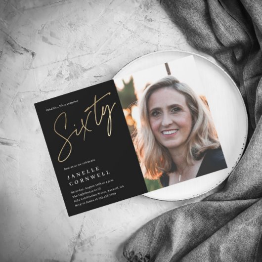 Minimalistisch script zwart en Gold 60th foto Kaart