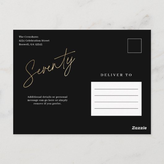 Minimalistisch script zwart en Gold 70th Birthday Briefkaart (Achterkant)