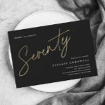 Minimalistisch script zwart en Gold 70th Birthday Magnetische Uitnodiging<br><div class="desc">Moderne minimalistische uitnodiging voor 70e verjaardagsfeestdagen biedt een stijlvol faux gouden folie met handgeschreven script Zeventiy en uw partijdetails in klassiek serif lettertype op zwarte achtergrondkleur,  eenvoudige en elegante,  verrassende,  volwassen mijlpaalverjaardagsuitnodiging voor mannen en vrouwen. De zwarte achtergrondkleur kan worden gewijzigd in elke kleur van uw keuze.</div>